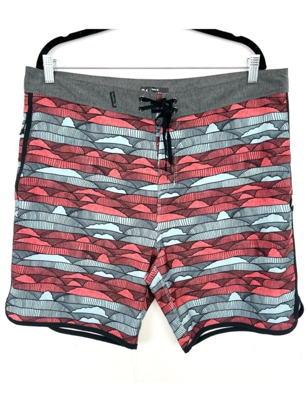 Hurley Board Shorts Red Blue Print Zip Pocket 36 Waist